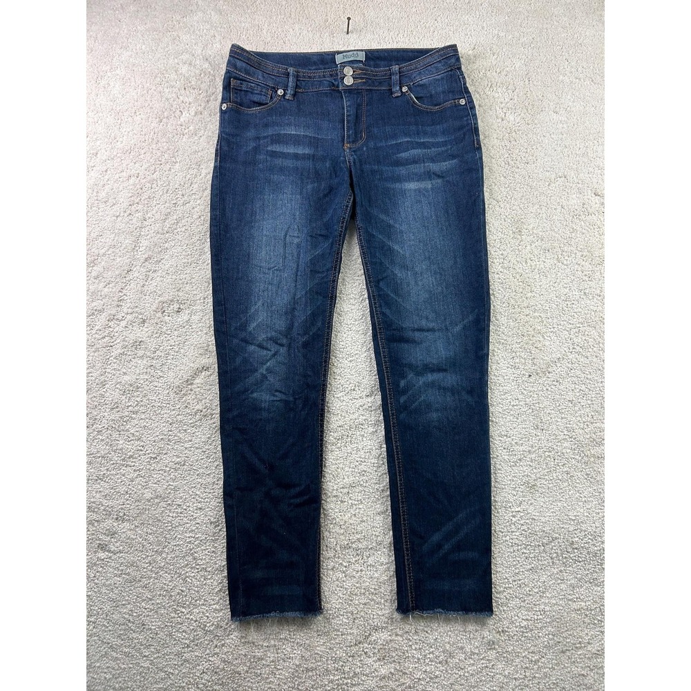 Mudd Jeans Womens 14 Blue Dark Wash Skinny Distressed Raw Hem Stretch Denim